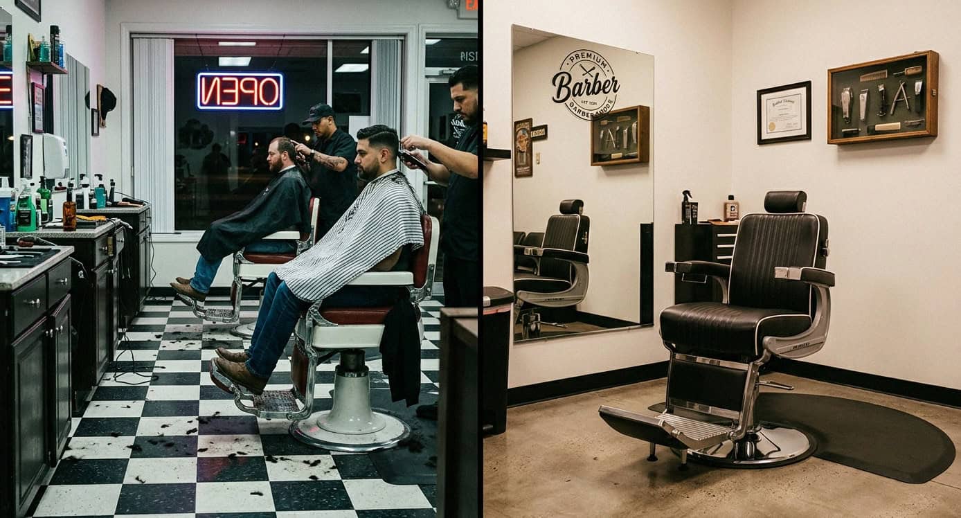 Side by side comparison of barbershop floor vs private barber suite