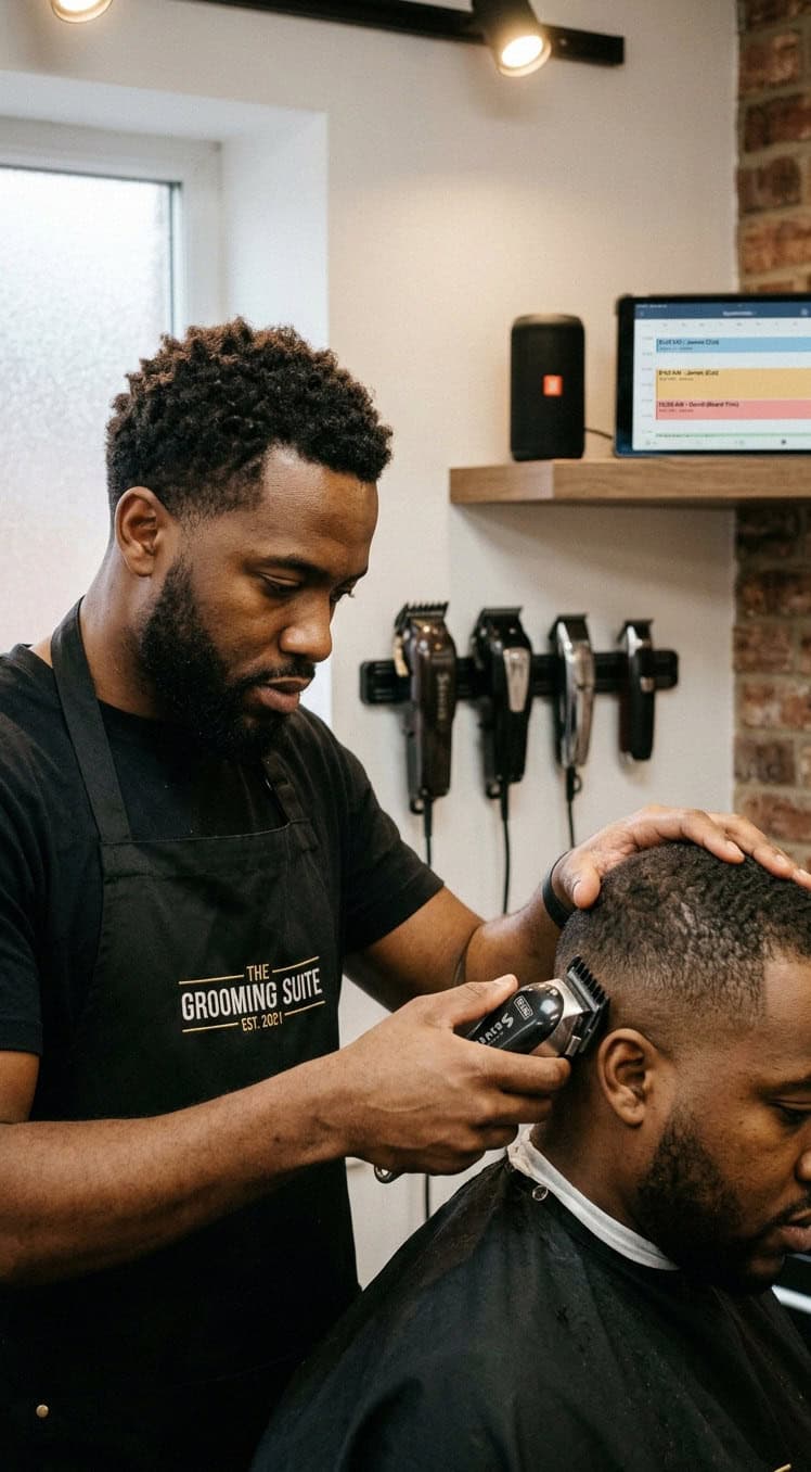 Barber giving fade haircut in private suite