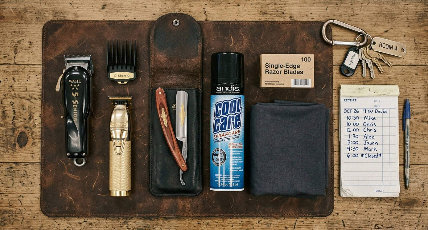 Barber daily carry tools flatlay on leather mat