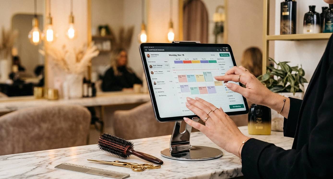 Salon professional using booking software on iPad at her station