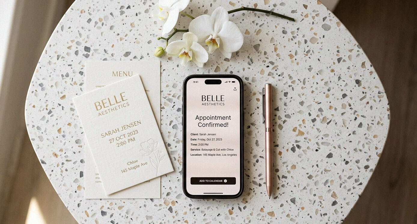 Phone showing appointment confirmation on terrazzo countertop