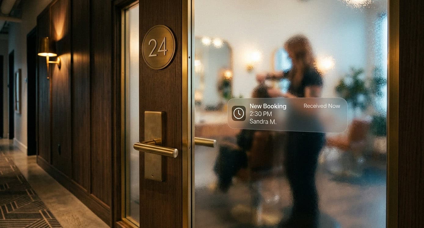 Salon suite door with new booking notification on frosted glass