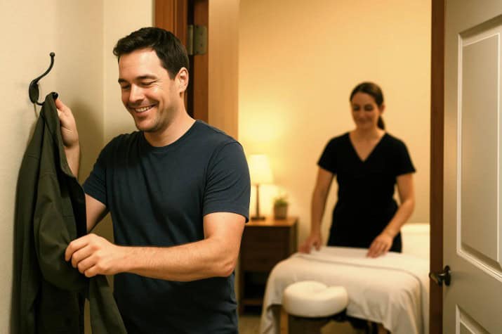 Man smiling feeling comfortable hanging his jacket at trusted massage therapy place.