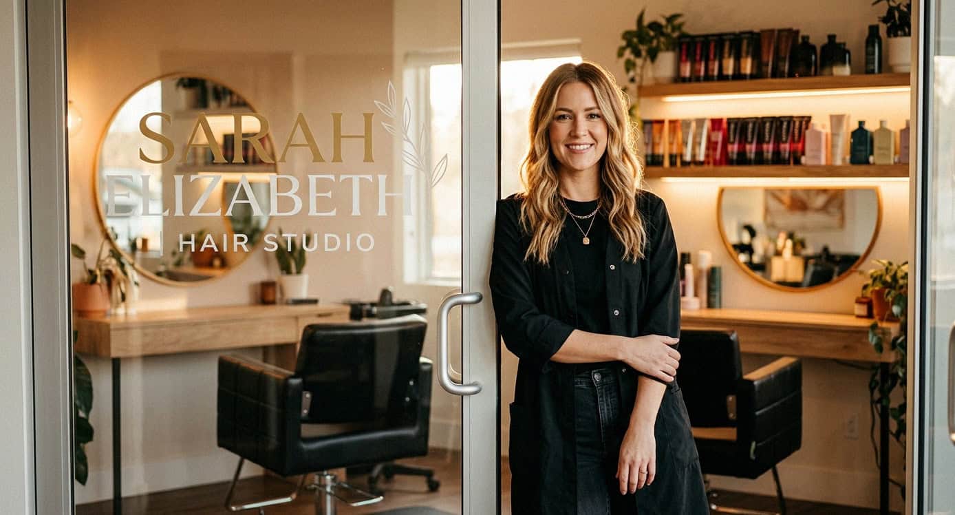 Hair stylist standing in doorway of her private salon suite