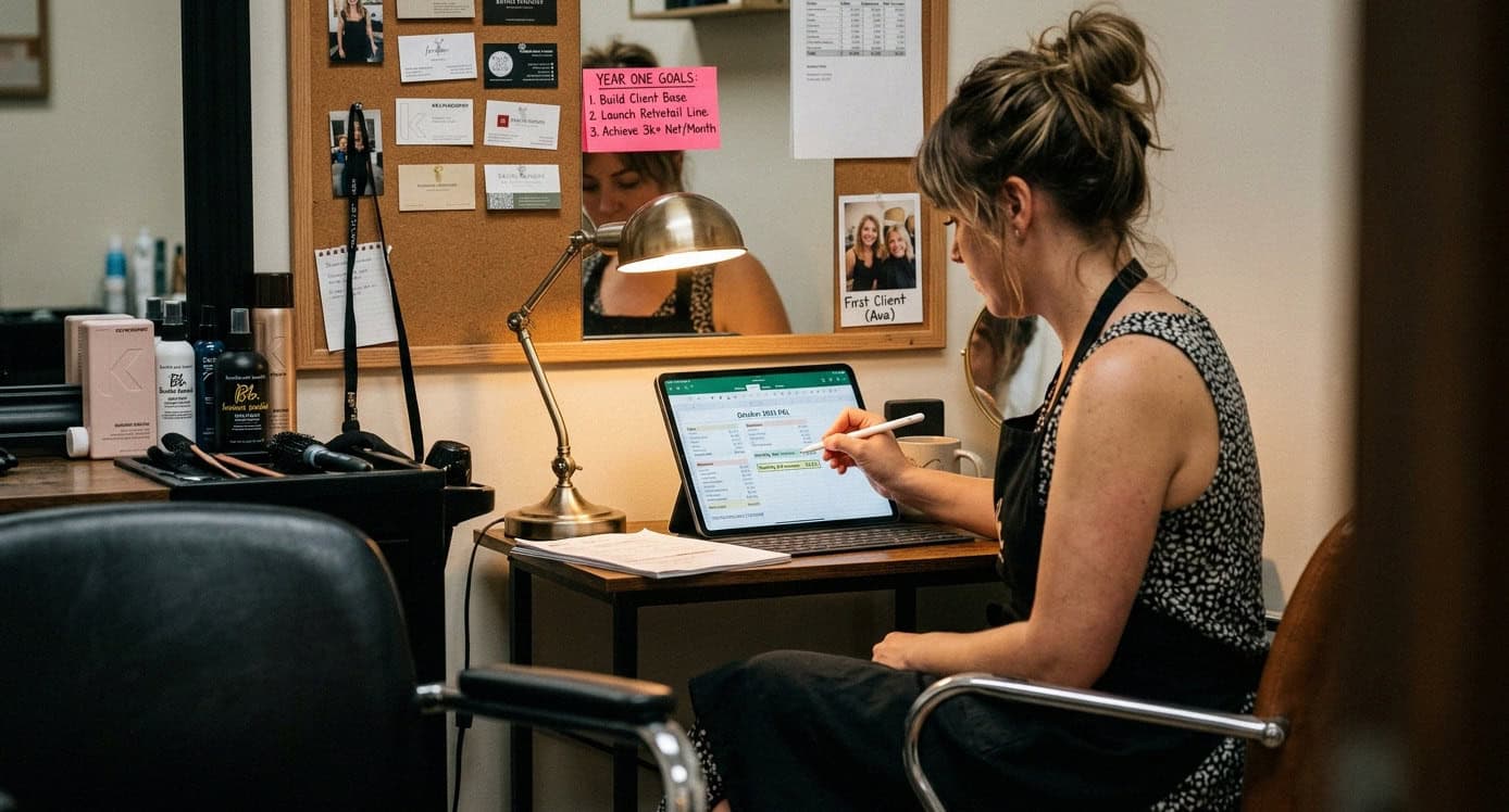 Hair stylist reviewing profit and loss at desk in suite