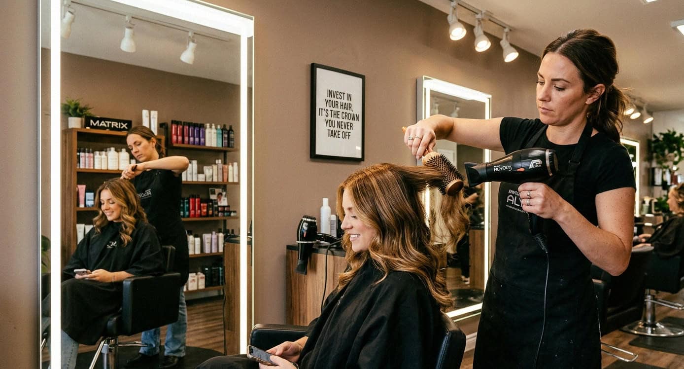 Hair stylist giving client blowout in private suite