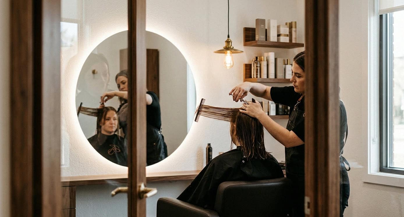 Hair stylist cutting client hair viewed through suite doorway