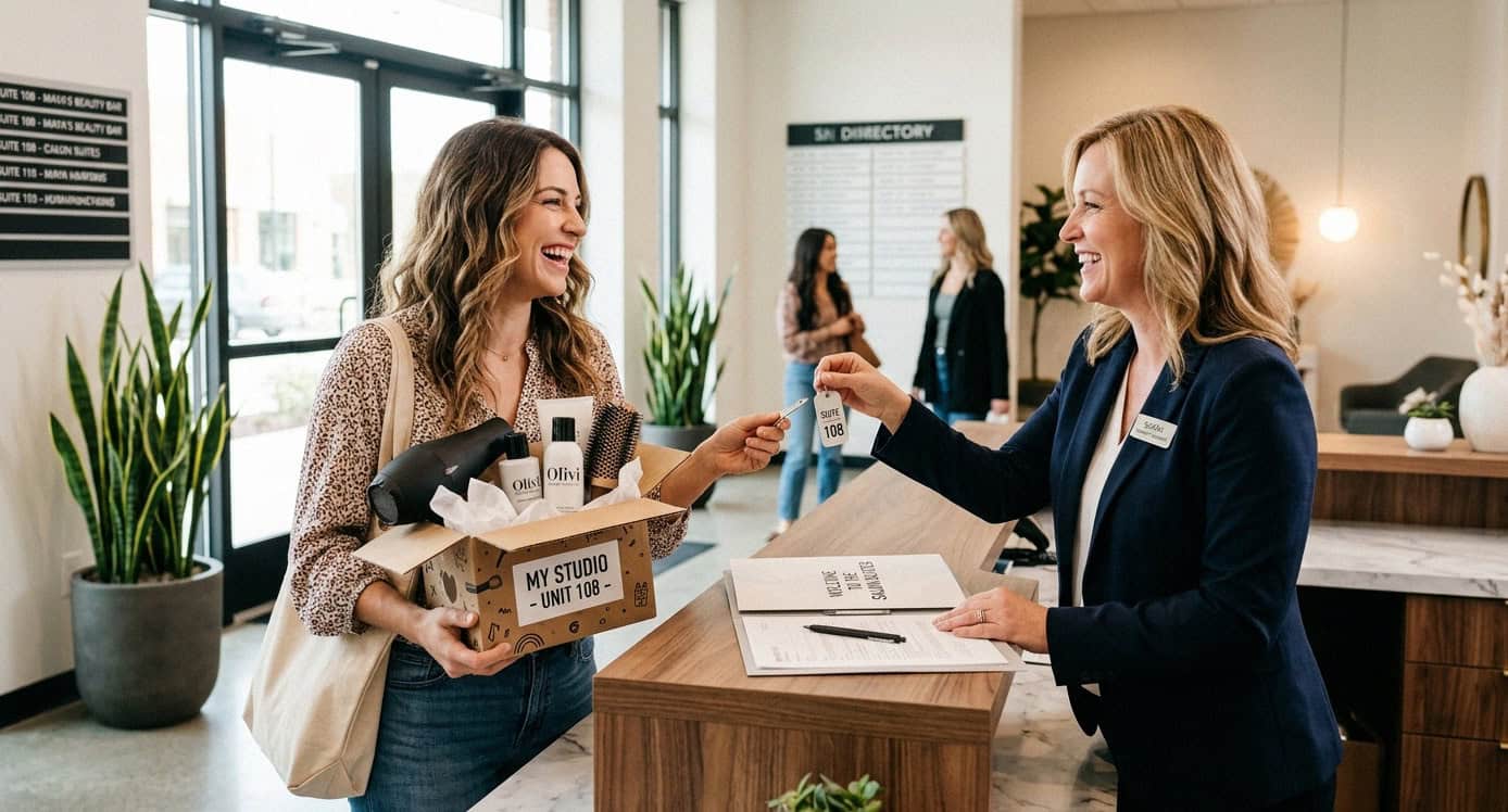 New tenant receiving salon suite key at reception desk