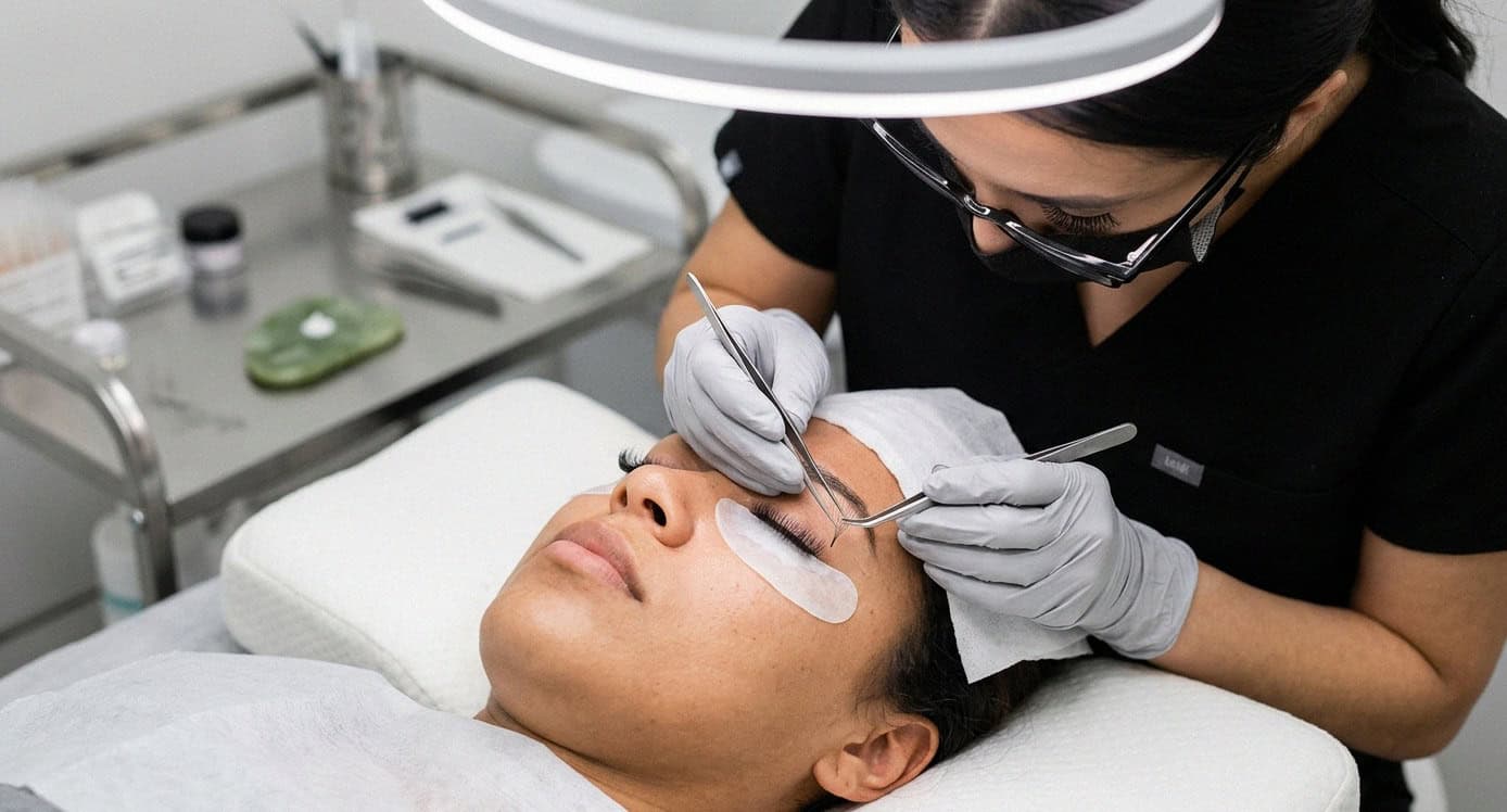 Lash technician applying volume lash extensions to client