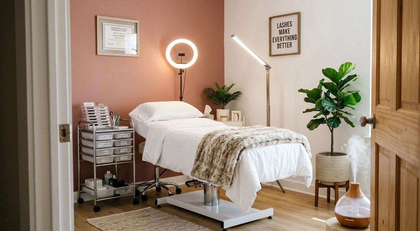 Organized lash suite with treatment bed and ring light