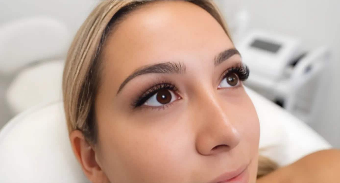 Close-up of finished volume lash extensions showing dramatic D-curl fans