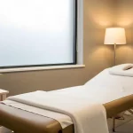 Private treatment suite prepared for a client, with a padded table dressed in white linens, folded towels and a warm floor lamp