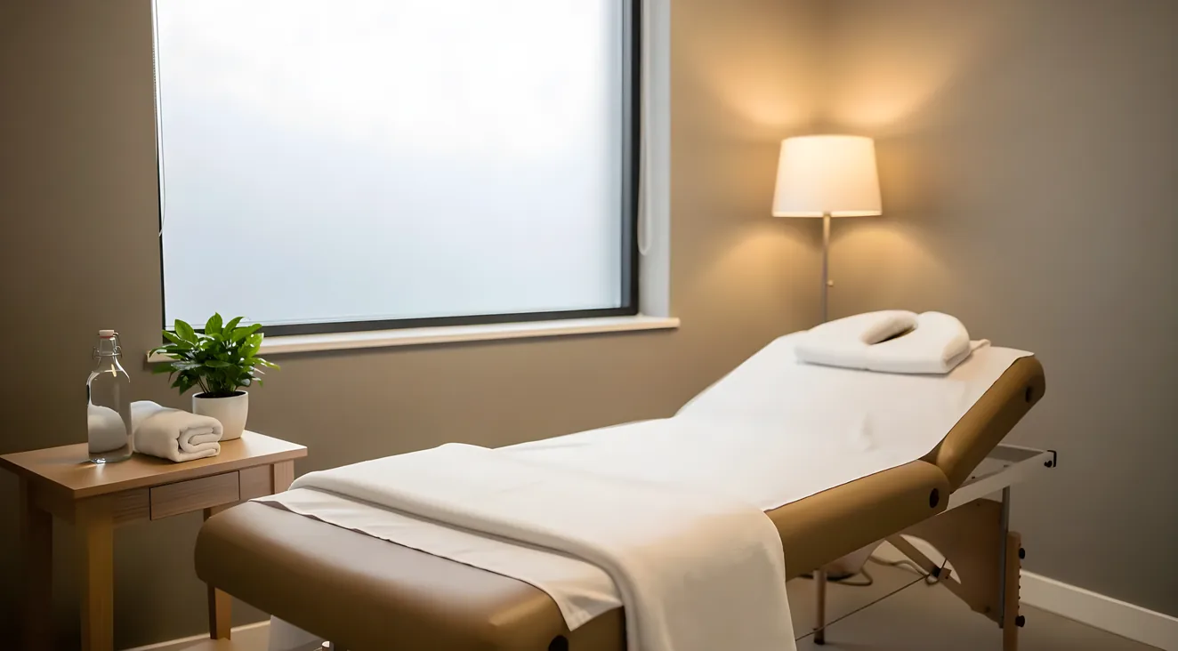 Private treatment suite prepared for a client, with a padded table dressed in white linens, folded towels and a warm floor lamp
