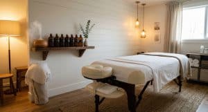 Tranquil massage therapy room with professional treatment table