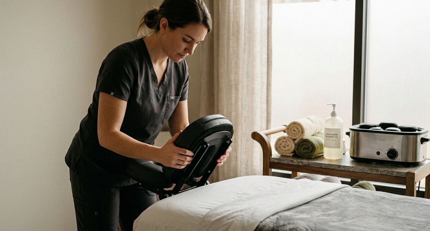 Massage therapist adjusting face cradle on treatment table