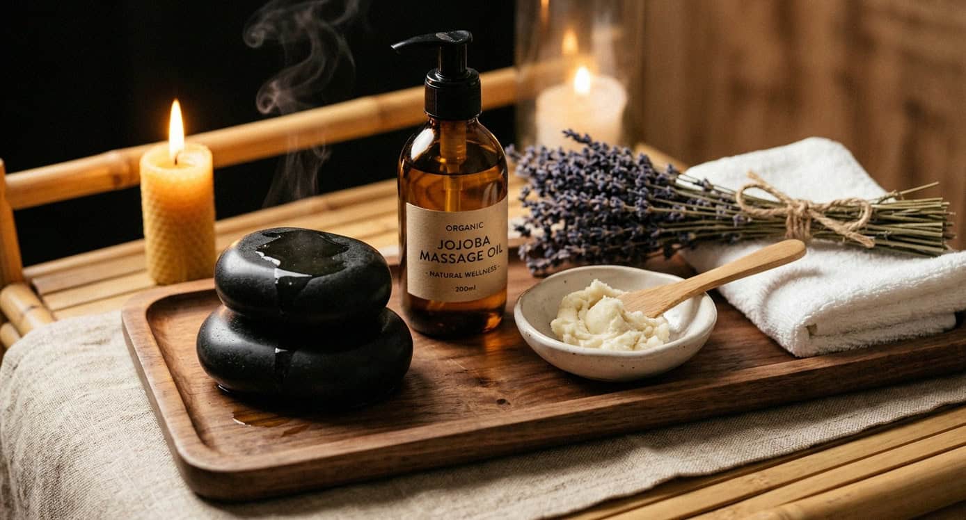 Massage therapy essentials with hot stones and lavender