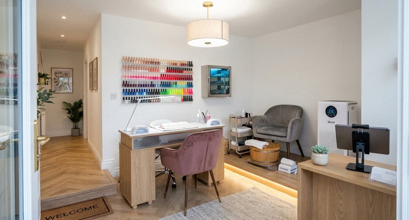 Fully set up nail suite with manicure table and polish display