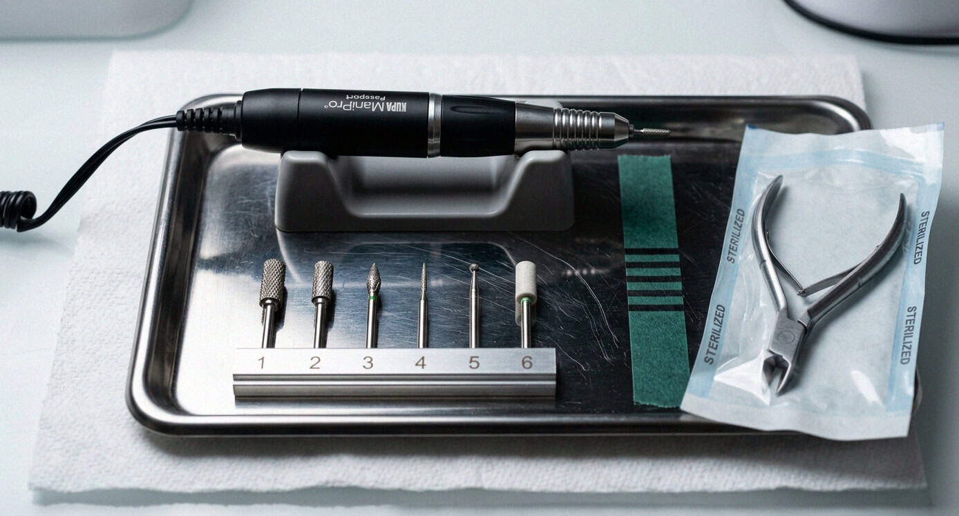 Nail technician e-file and sterilization tools on steel tray