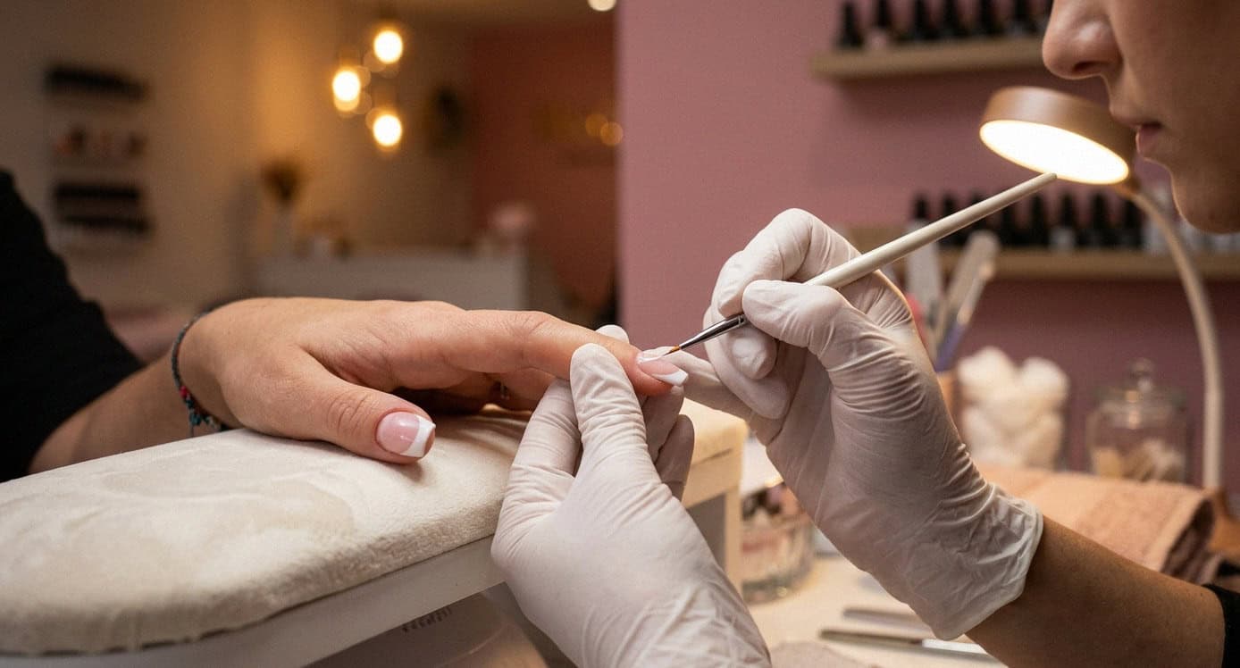 Nail technician painting french tip in private suite