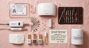 Nail tech grand opening essentials flatlay with TDLR license