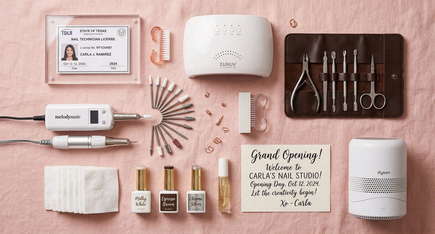 Nail tech grand opening essentials flatlay with TDLR license