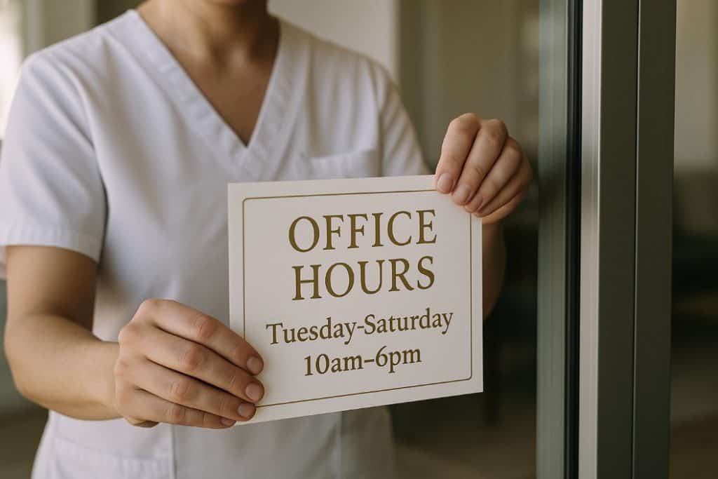 Massage therapist displaying sign in window with office hours.