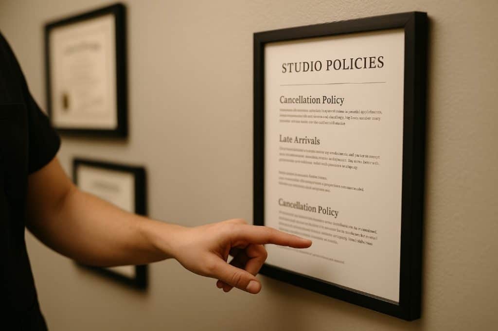 Massage therapist showing their policies in a framed document on the wall.