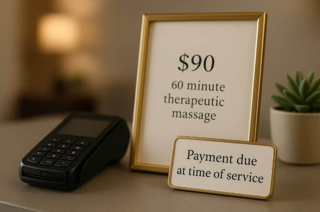 Pricing set by massage therapist next to credit card terminal.