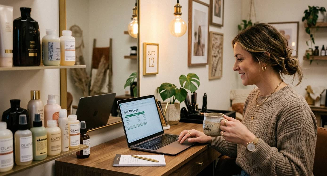 Beauty professional reviewing budget on laptop in salon suite