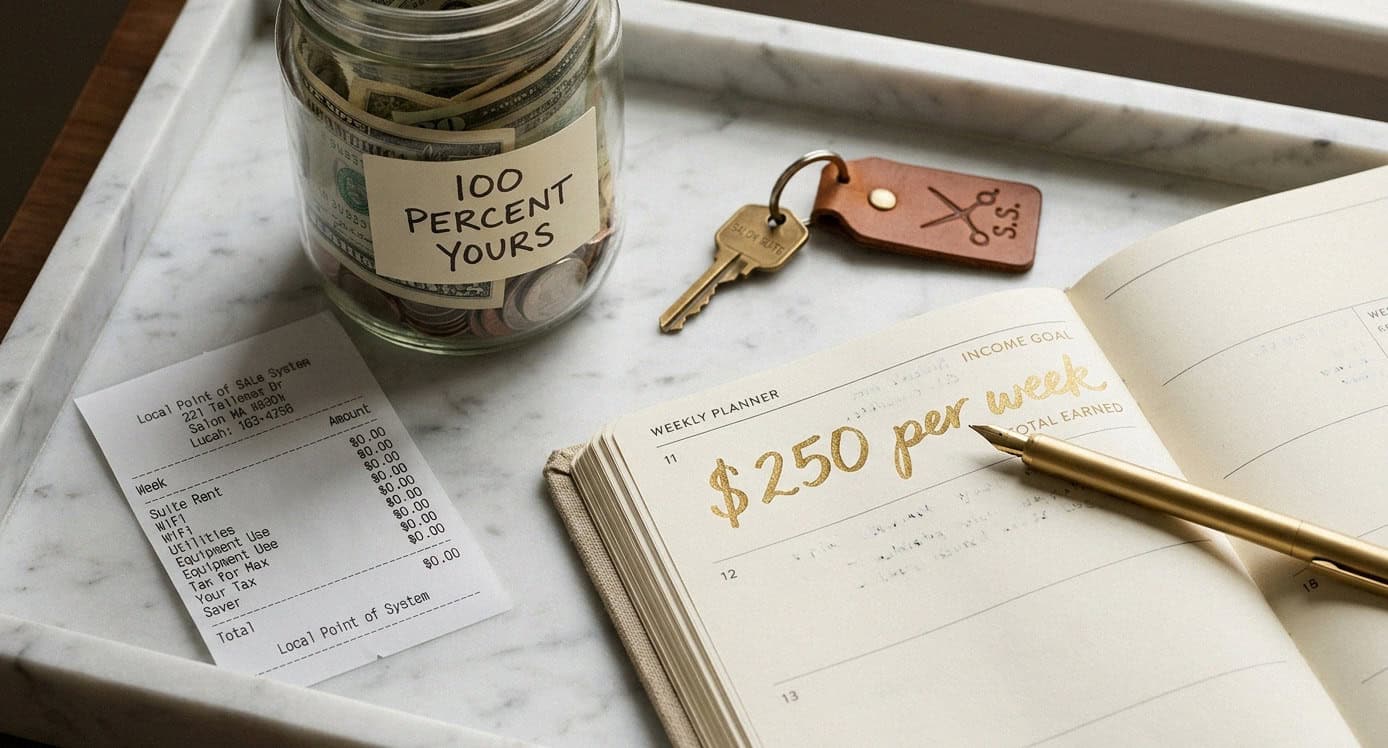 Salon suite cost concept with money jar and weekly planner
