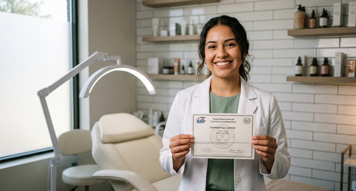 Esthetician holding Texas TDLR license certificate in treatment room