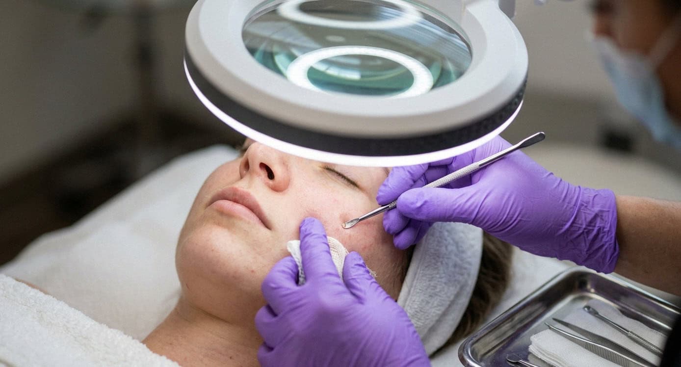 Professional facial extraction under magnifying lamp