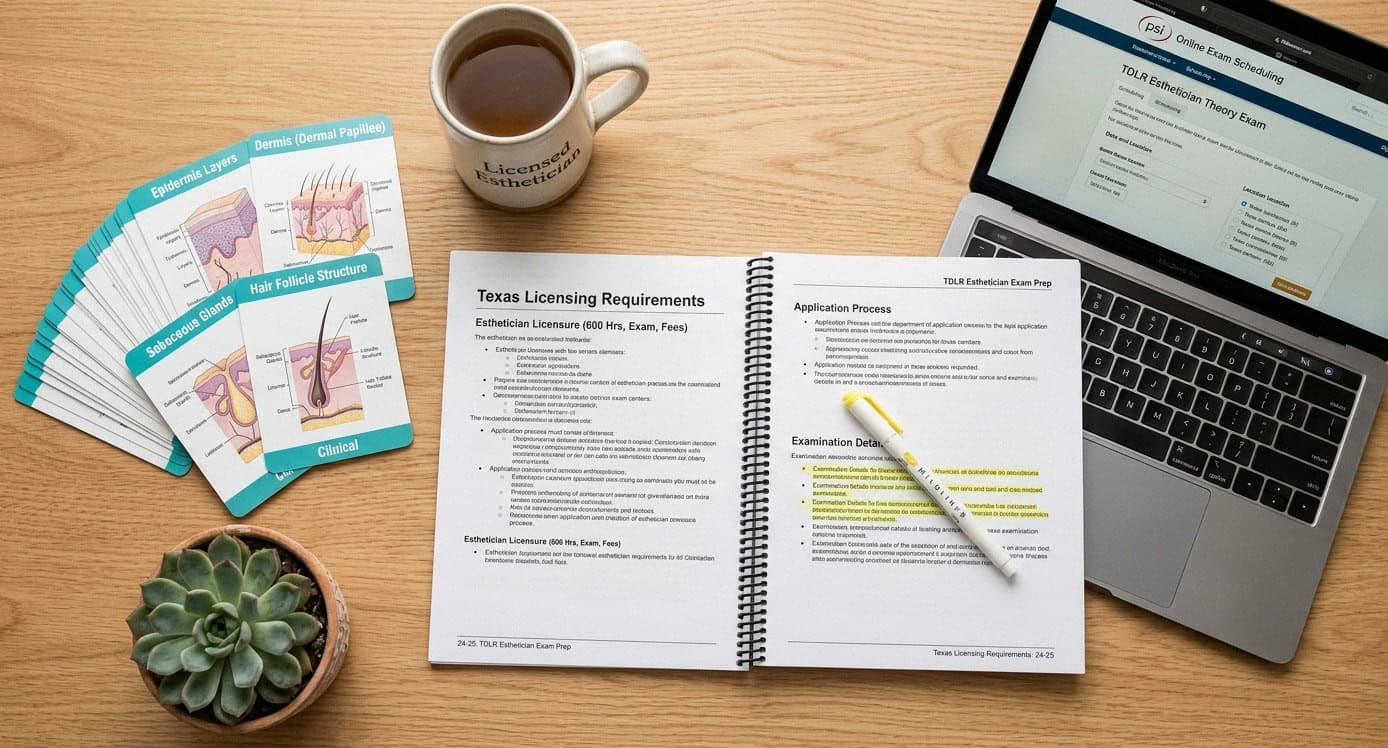 Texas esthetician licensing study materials flatlay